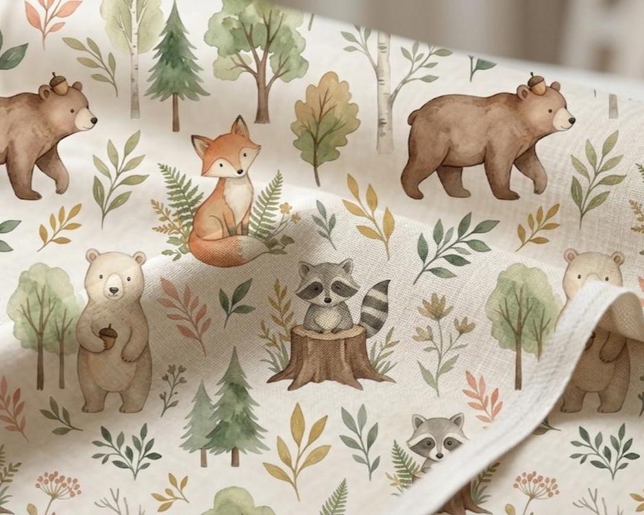 Fabric in Cute Autumn Forest Nursery Nature Woodland watercolor Animals Baby Friends