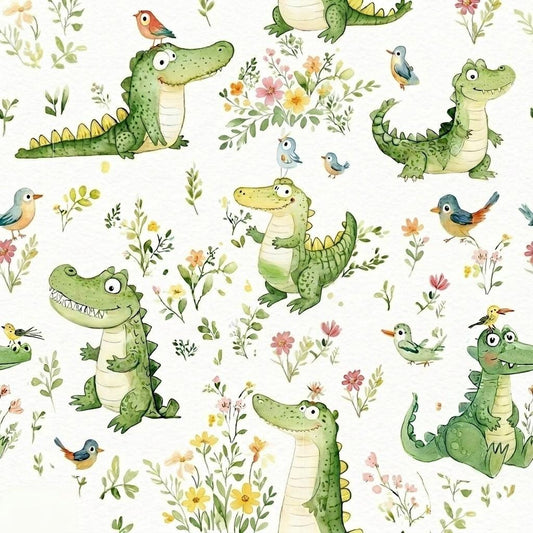 Nursery Fabric by Yard, Watercolor baby crocodile, Kids Sewing Cloth.