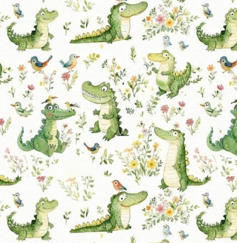 Nursery Fabric by Yard, Watercolor baby crocodile, Kids Sewing Cloth.