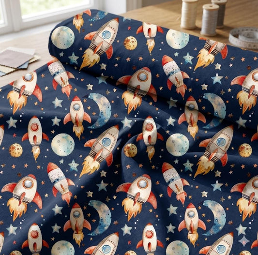 Outer Space Rocket Galaxy Fabric, Watercolor Astronaut Boys Room Textile