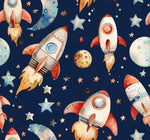 Outer Space Rocket Galaxy Fabric, Watercolor Astronaut Boys Room Textile