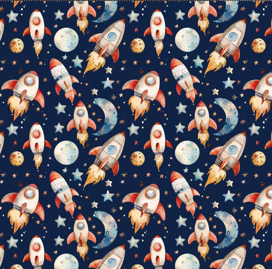Outer Space Rocket Galaxy Fabric, Watercolor Astronaut Boys Room Textile