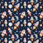 Outer Space Rocket Galaxy Fabric, Watercolor Astronaut Boys Room Textile