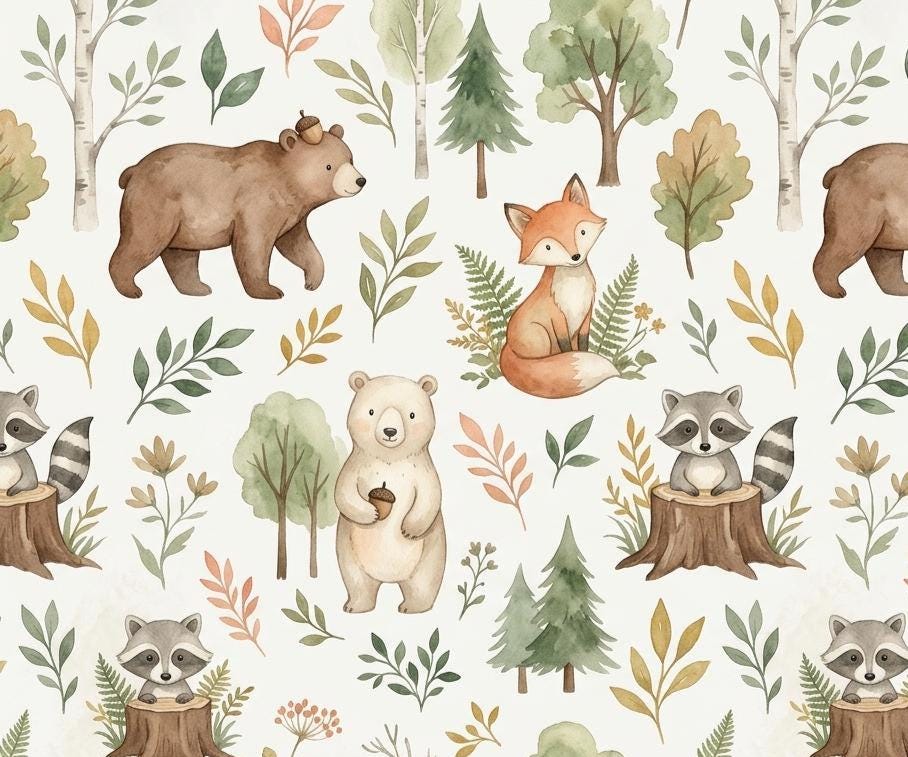 Fabric in Cute Autumn Forest Nursery Nature Woodland watercolor Animals Baby Friends