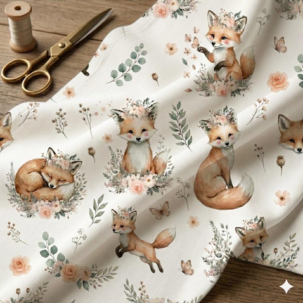baby fox Nursery Fabric by Yard, Watercolor baby crocodile, Kids Sewing Cloth.