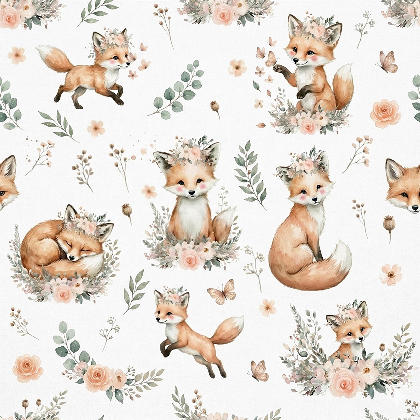 baby fox Nursery Fabric by Yard, Watercolor baby crocodile, Kids Sewing Cloth.