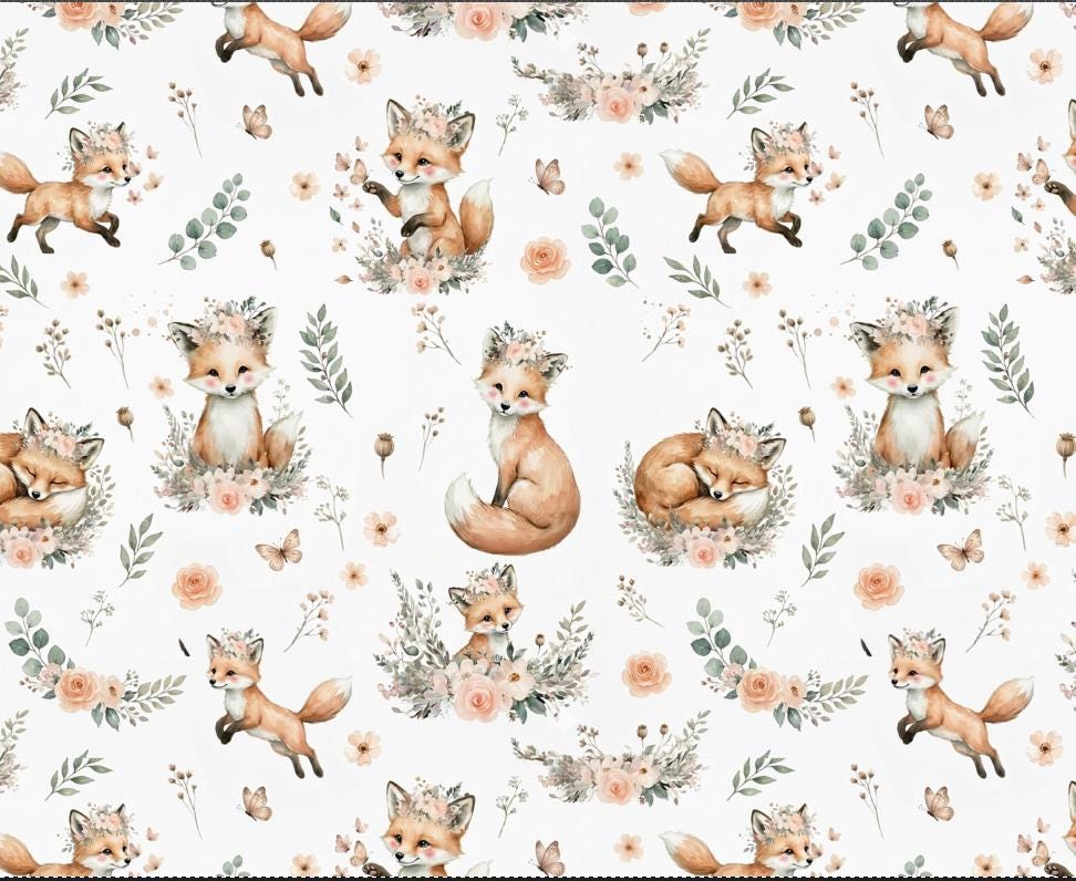 baby fox Nursery Fabric by Yard, Watercolor baby crocodile, Kids Sewing Cloth.