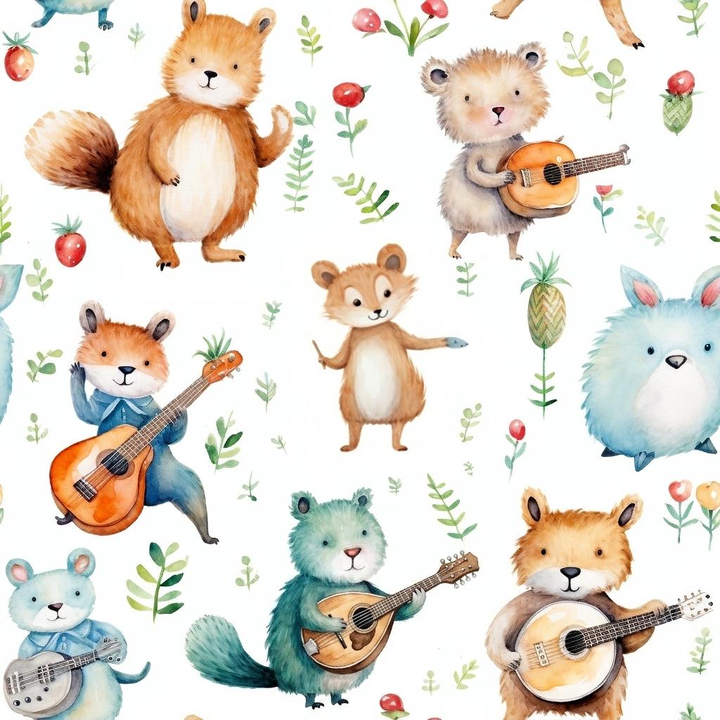 Play music  Animals Fabric - Watercolor Farm  - Baby Animals Barnyard Watercolor Fabric animals fabric by the yard-meter Boy & Girl  fabric